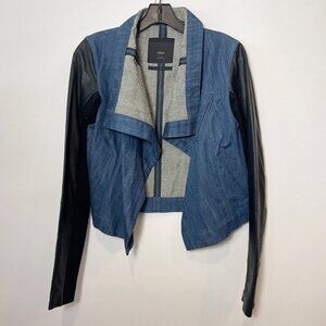 Veda Womens Moto‎ Denim Jacket Leather Sleeve Blue S Wool Waterfall Blazer Crop